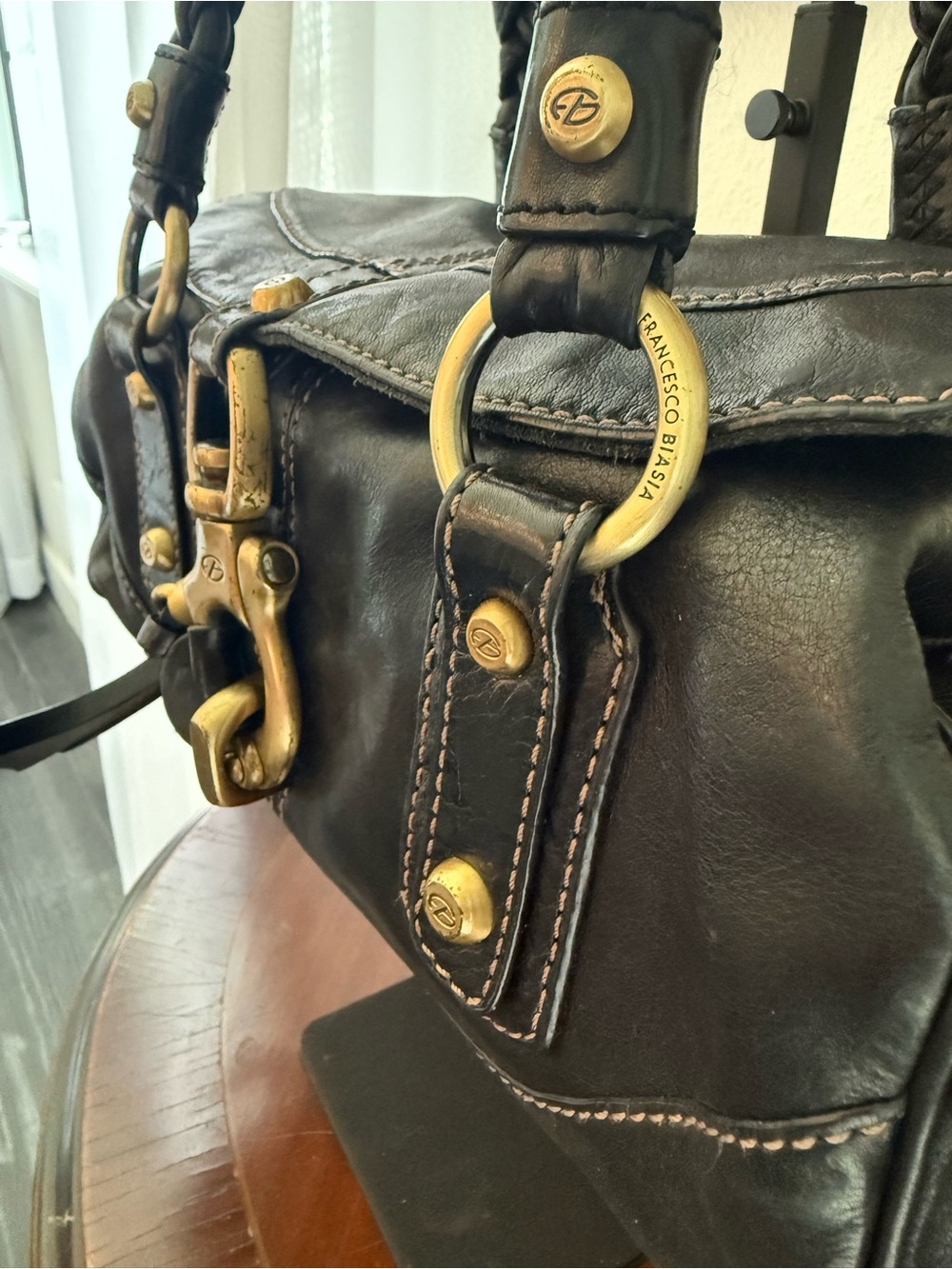 Francesco Biasia Black Braided-Handle Leather Shoulder Bag with Brass Hardware - Picture 2 of 14